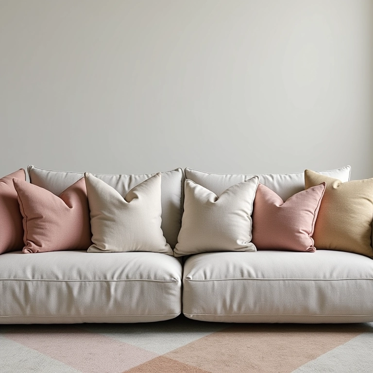 Almofadas de diferentes tamanhos e formatos em um sofá modular.