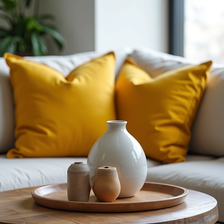 Almofadas e acessórios decorativos em amarelo mostarda em uma casa brasileira.