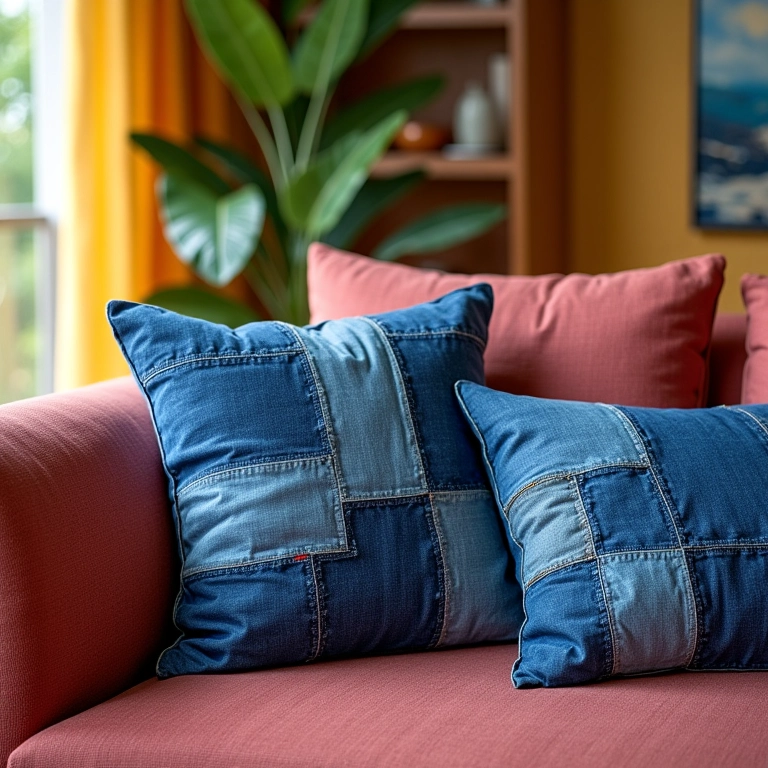 Almofadas e capas de sofá feitas de patchwork de jeans em sala de estar.
