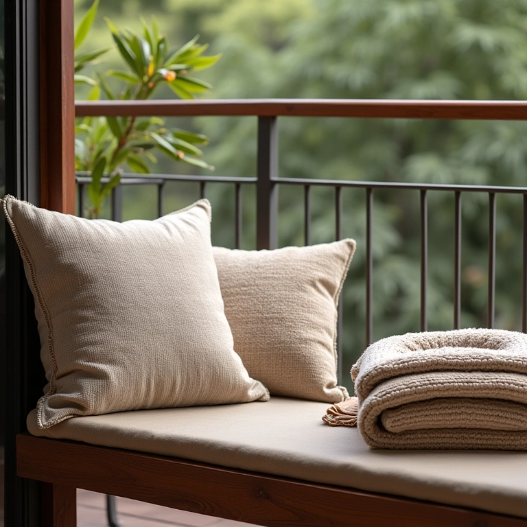 Almofadas e mantas aconchegantes em varanda de apartamento.