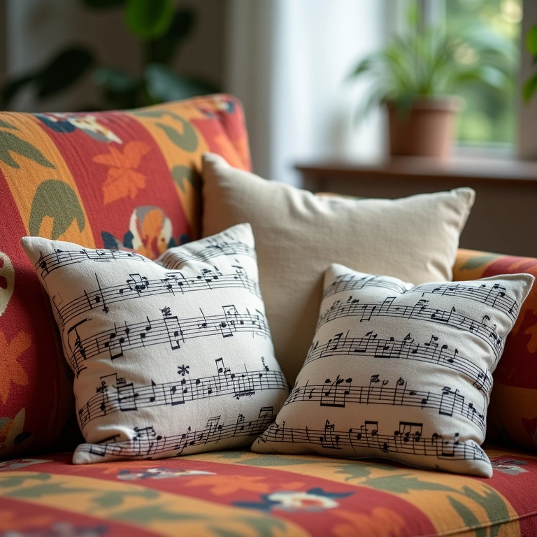 Almofadas estampadas com temas musicais em um sofá aconchegante na sala de estar.