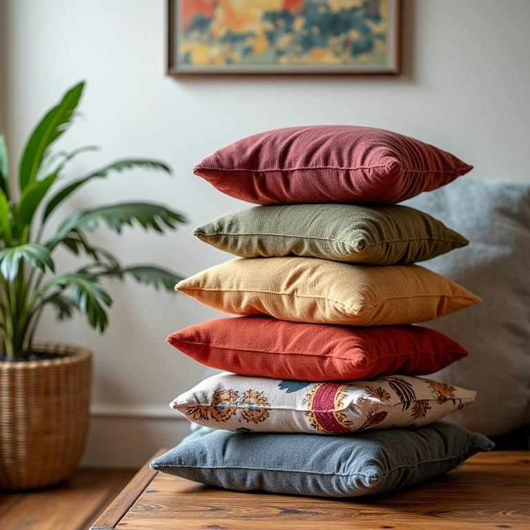 Almofadas temáticas criativas empilhadas em sala de estar aconchegante.