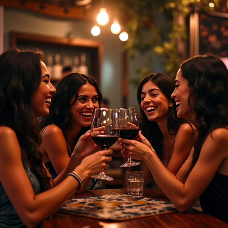 Amigas brasileiras brindando com vinho em Santiago.