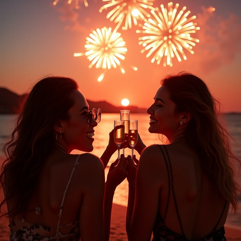 Amigas brindando na praia no Réveillon com fogos de artifício