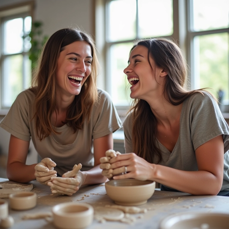 Amigas criando memórias em aula de cerâmica.