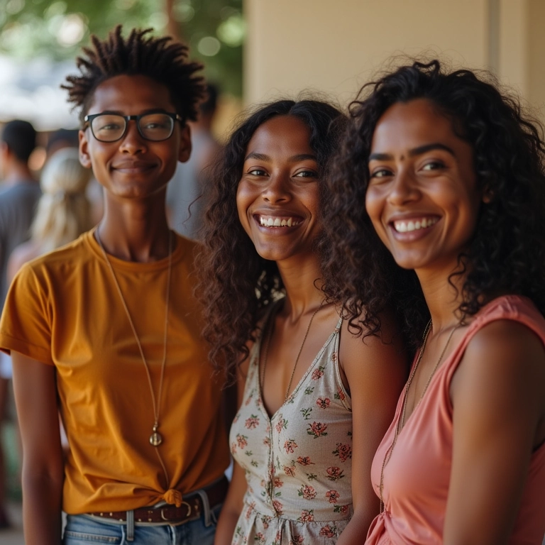 Amigos admirando roupas sustentáveis em um mercado de moda.