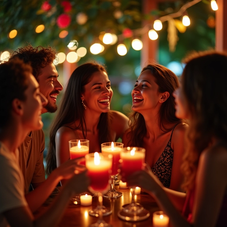 Amigos brindando e rindo em celebração de Natal descontraída.
