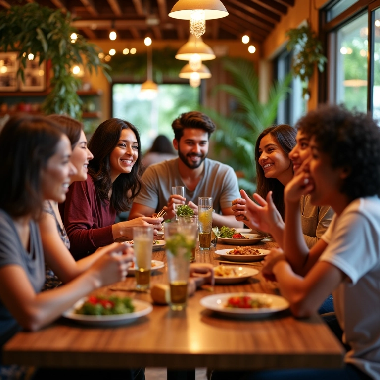 Amigos diversos desfrutando refeição em restaurante brasileiro vibrante.