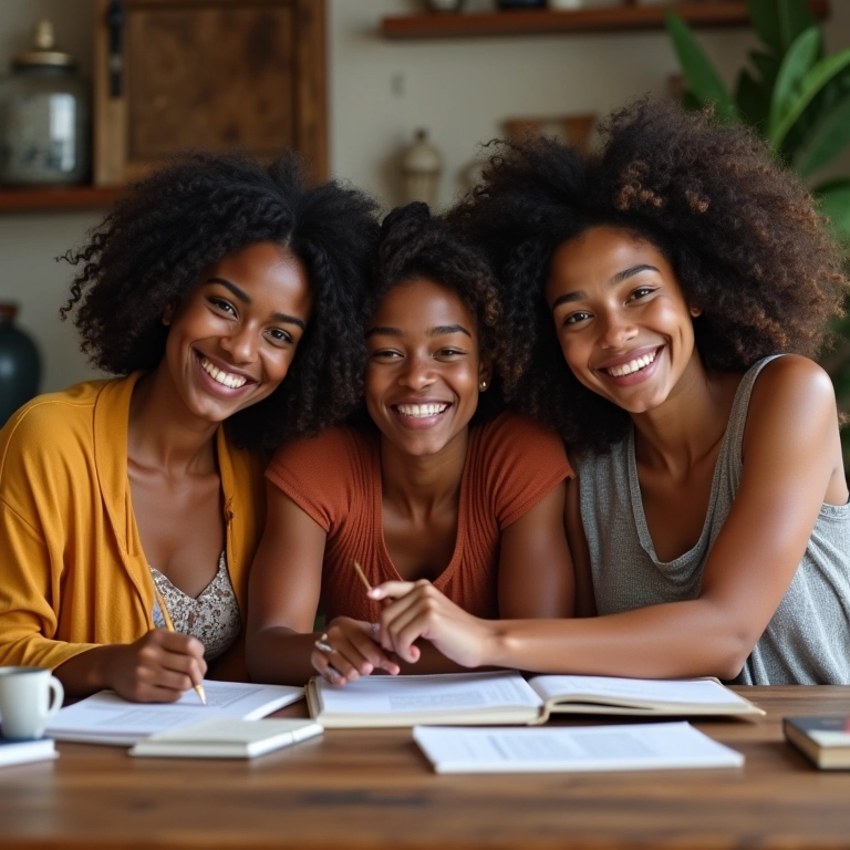 Amigos diversos estudando juntos, rindo e sorrindo.