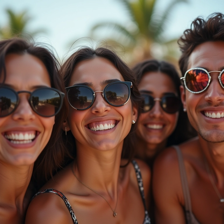 Amigos diversos usando óculos de sol estilosos e rindo sob o sol brasileiro. Tendências de óculos de sol 2024.