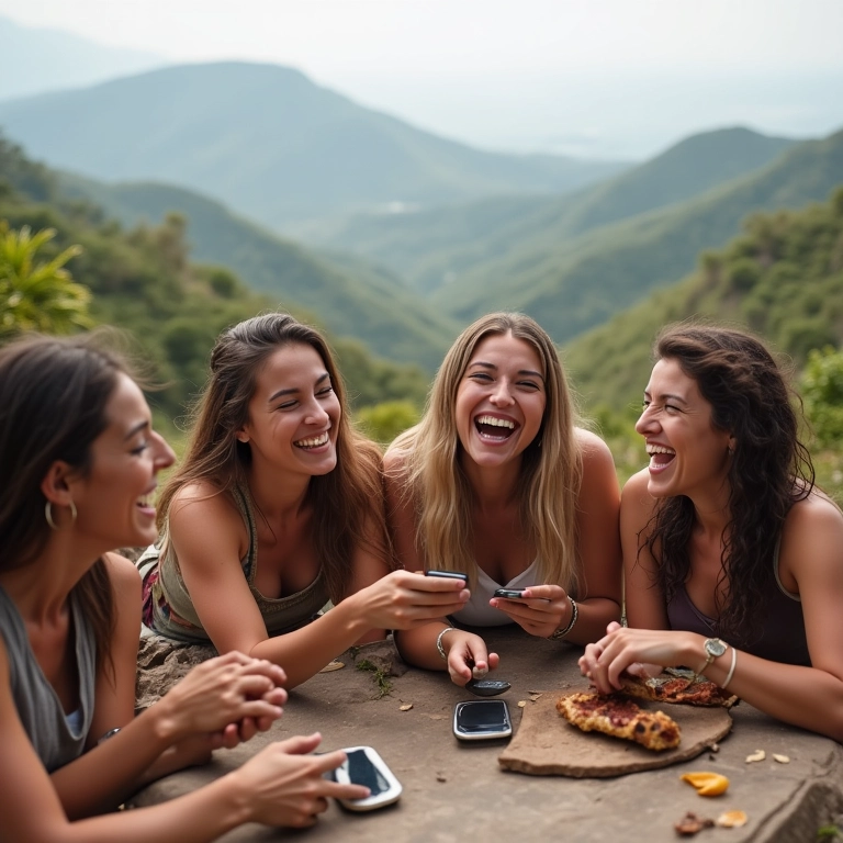 Amigos em piquenique ao ar livre sem celulares.
