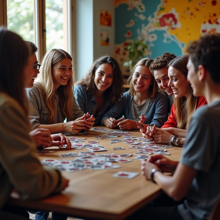 Amigos jogando cartas em um hostel.