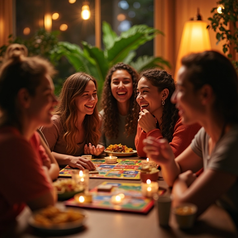Amigos jogando jogos de tabuleiro em noite divertida em casa.