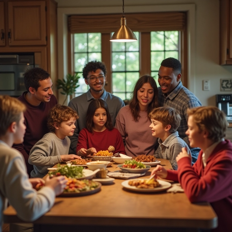 Amigos reunidos em cozinha aconchegante, desfrutando de alimentos reconfortantes e coloridos.