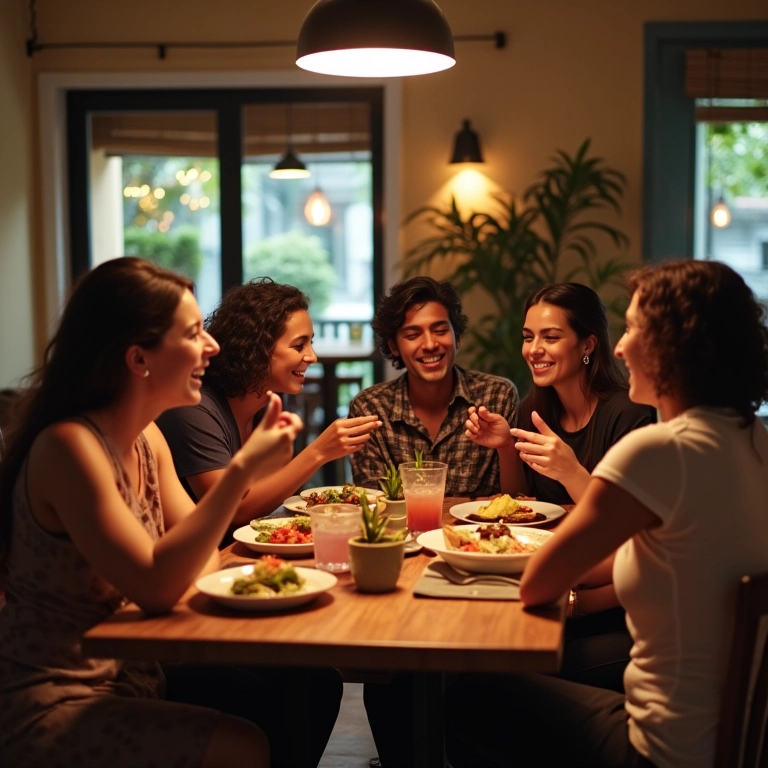 Amigos reunidos em uma sala de jantar integrada e aconchegante.