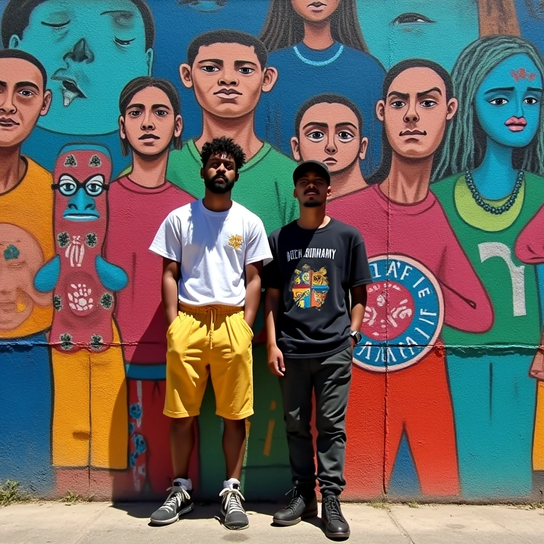 Amigos vestindo streetwear descolado da High Company, posando em frente a um mural colorido em uma favela no Rio.