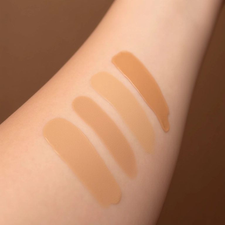 Amostras de base com diferentes acabamentos: matte, luminoso e acetinado.