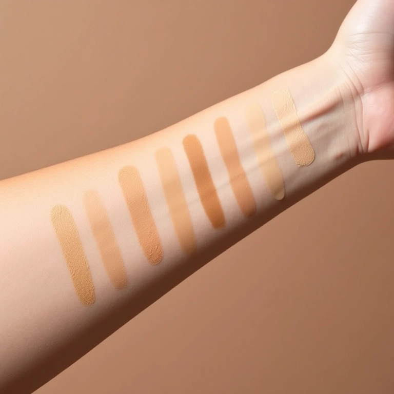 Amostras de bases para pele acneica em diferentes tons no braço de uma mulher.