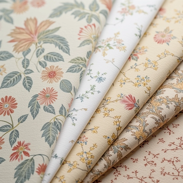 Amostras de diferentes tipos de papel de parede: floral, geométrico e fibra natural.