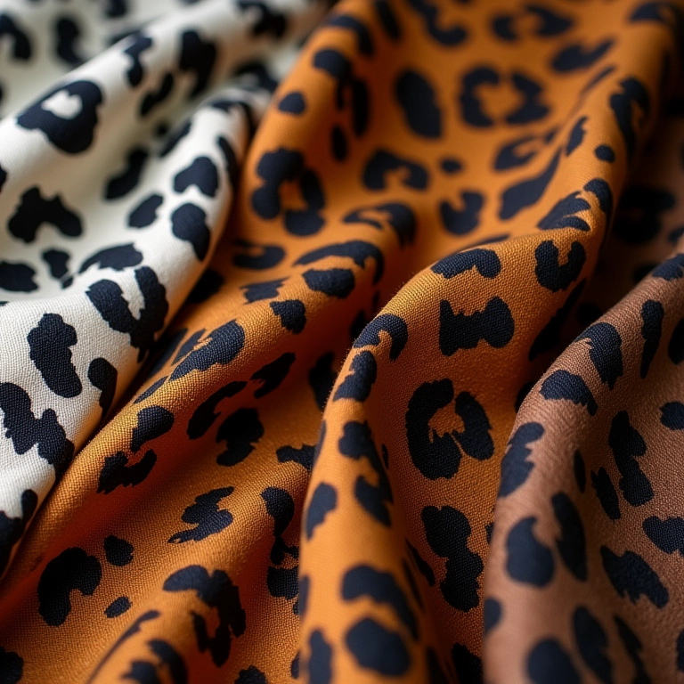 Amostras de tecidos com estampa animal print em seda, algodão e couro, mostrando suas texturas.