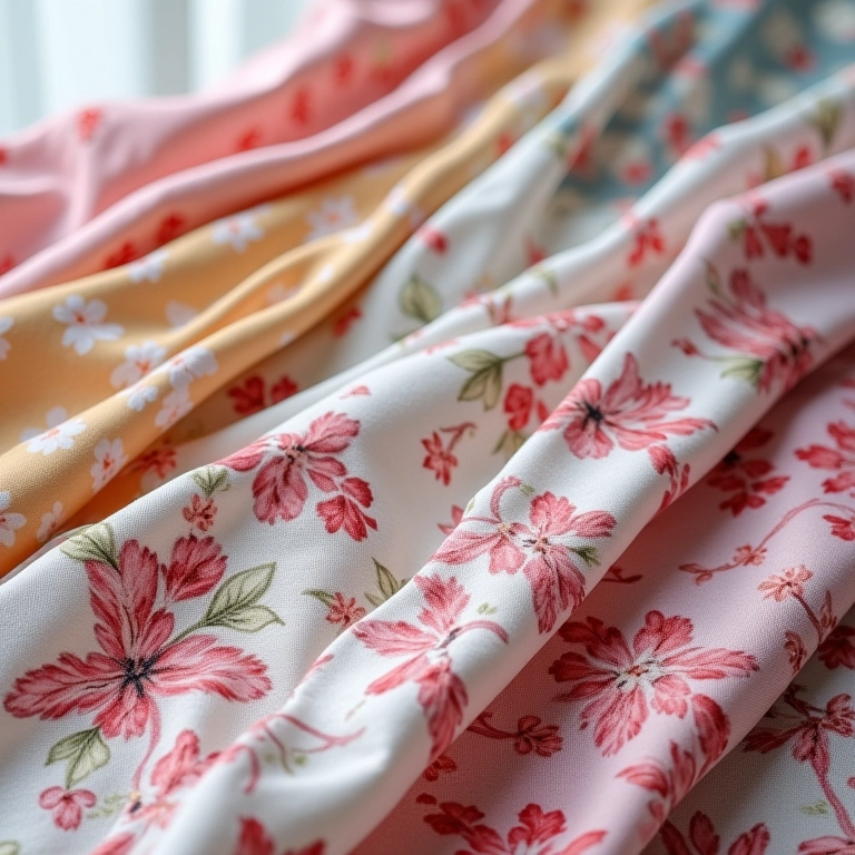 Amostras de tecidos com estampas florais variadas.