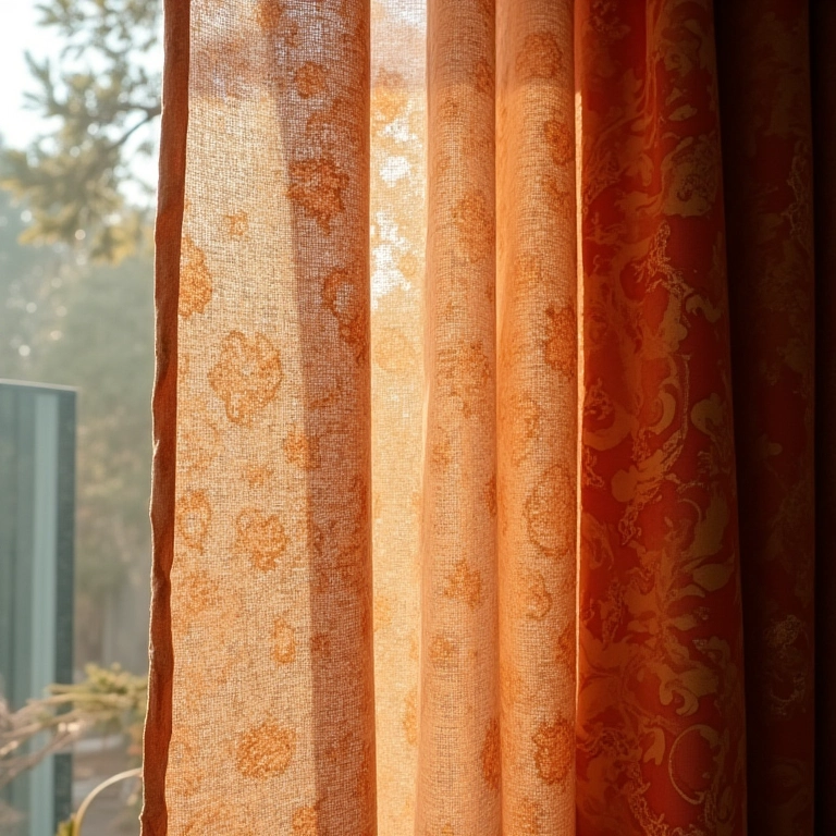 Amostras de tecidos para cortinas em um quarto iluminado.