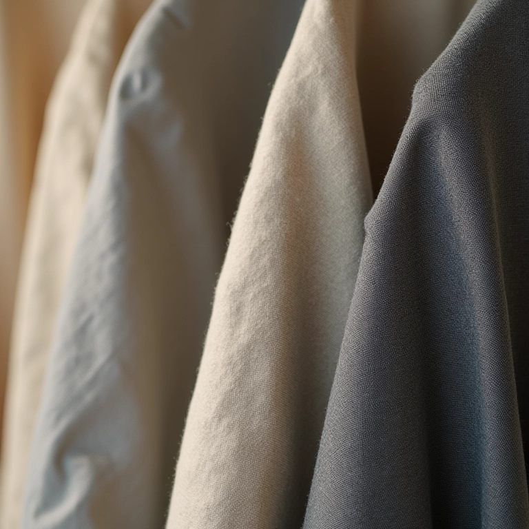 Amostras de tecidos para macacões de alfaiataria: linho, crepe e algodão.