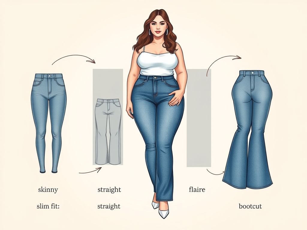 Infográfico mostrando diferentes estilos de jeans plus size e como eles se ajustam a diferentes corpos.