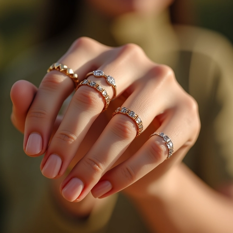 Anéis delicados feitos de ouro, prata e ouro rosa em uma mão feminina.