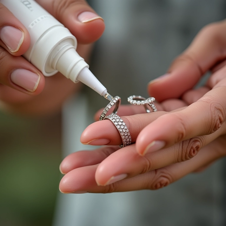 Anéis delicados sendo limpos com solução especial para evitar o escurecimento.