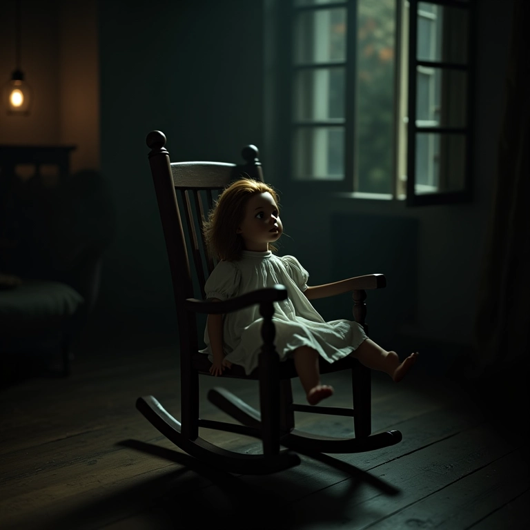 Annabelle sentada em uma cadeira de balanço em uma casa colonial brasileira mal iluminada.