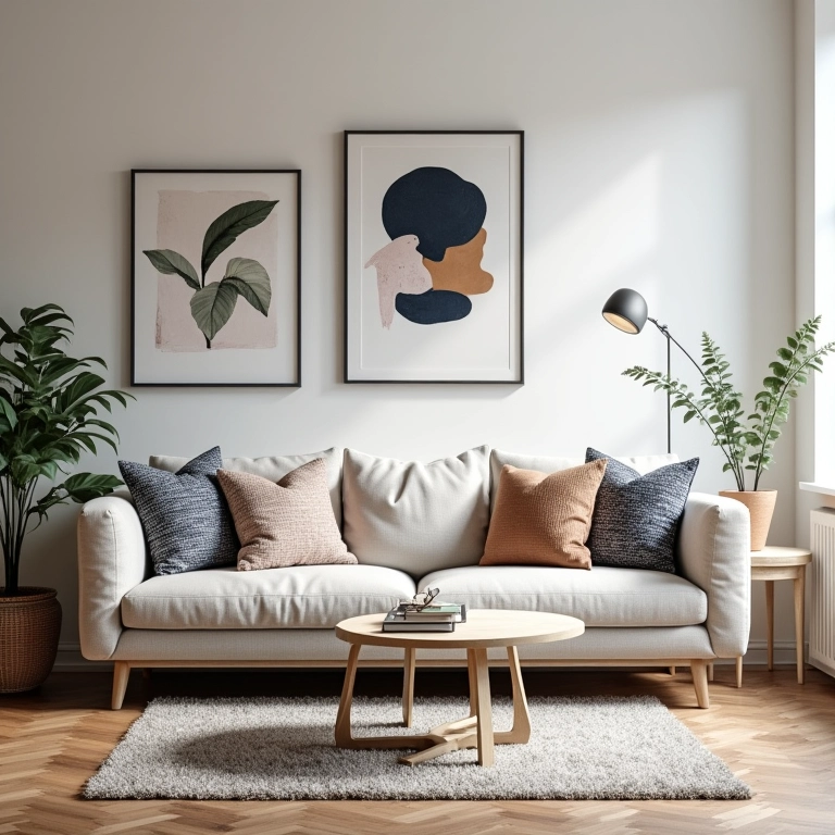 Apartamento moderno com almofadas geométricas, estampas de arte e tapete.