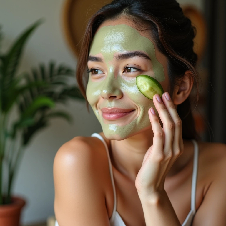 Aplicação da máscara facial de pepino no rosto com um pincel.