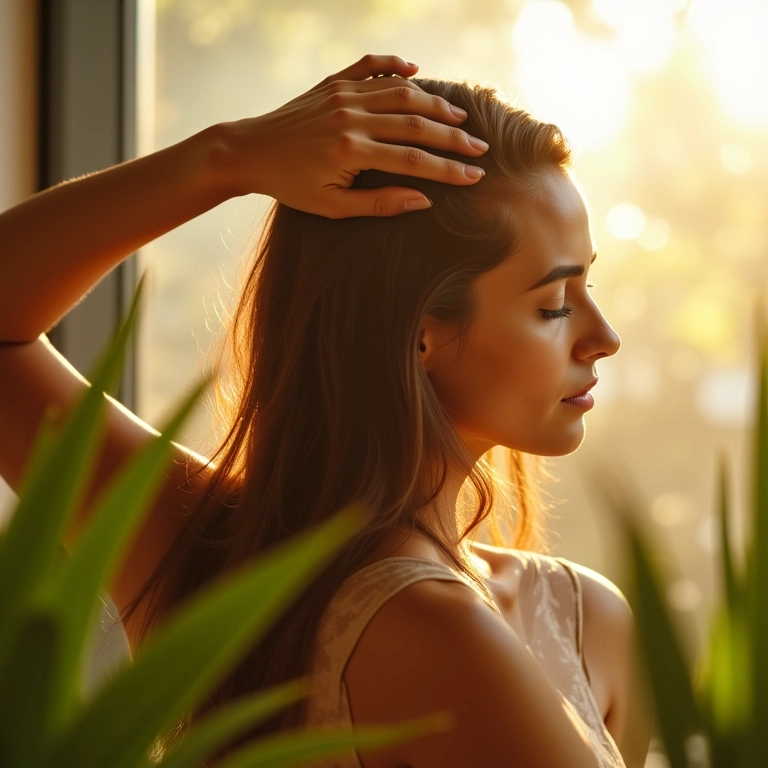 Aplicação de babosa (aloe vera) no cabelo para hidratação.