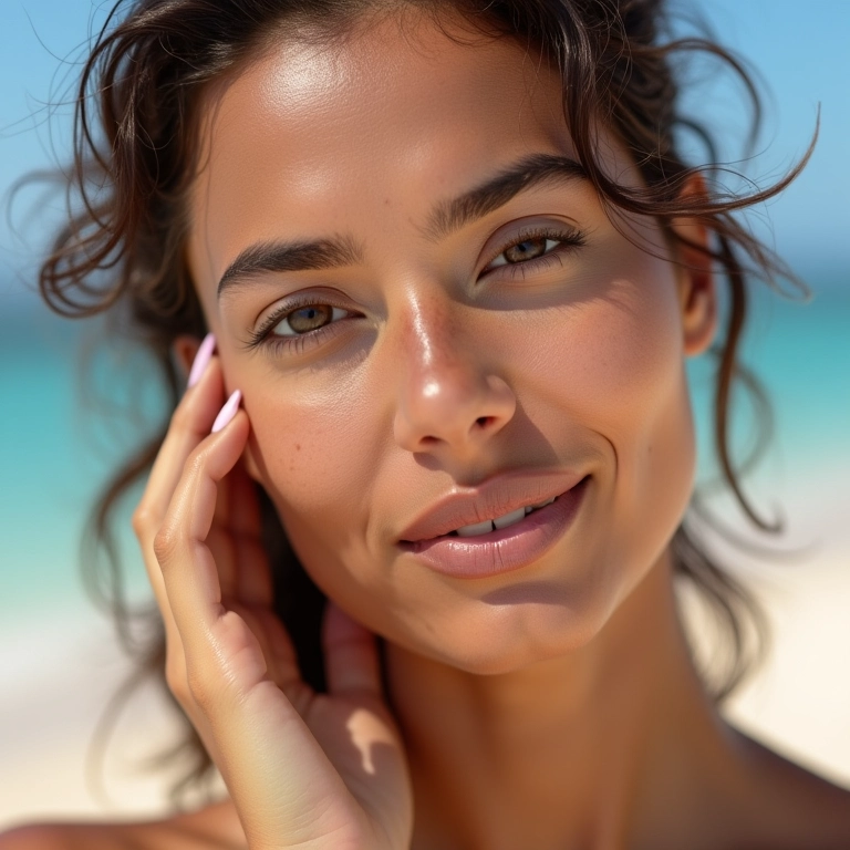 Aplicação de base leve com proteção solar para um look natural na praia.