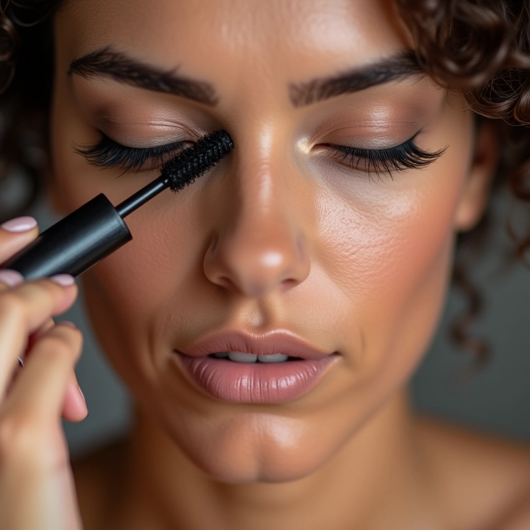 Aplicação de camadas de rímel para aumentar o volume dos cílios, com fundo de mesa de maquiagem colorida.
