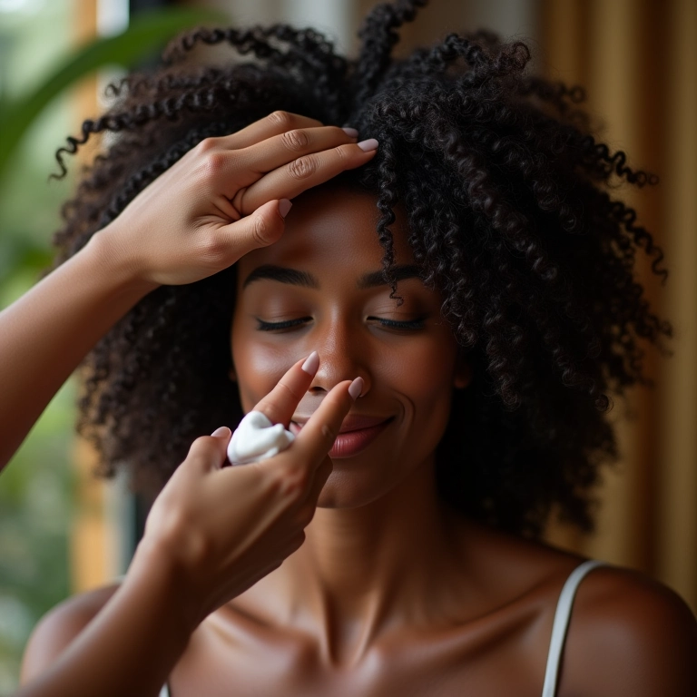 Aplicação de creme para pentear em cabelos cacheados para definição e hidratação.