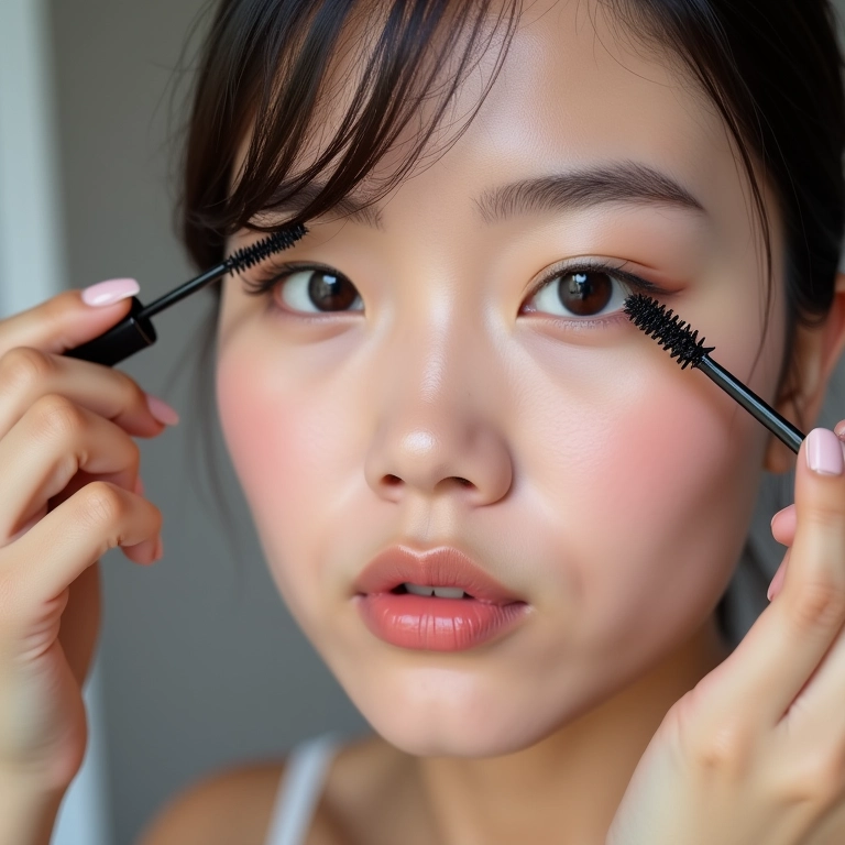 Aplicação de máscara de cílios em cílios superiores e inferiores.