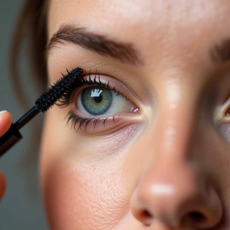 Aplicação de máscara de cílios em olhos amendoados.