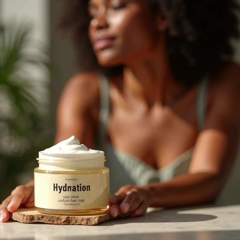 Aplicação de máscara hidratante para cabelo, foco nos ativos.