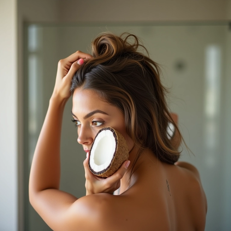 Aplicação de óleo de coco nos cabelos secos antes do shampoo, tratamento pré-lavagem.
