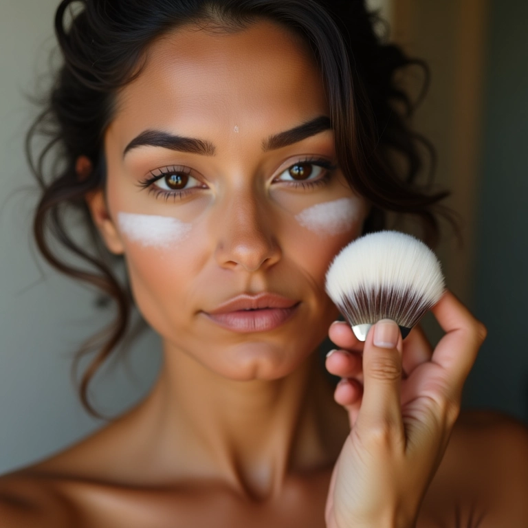 Aplicação de pó para selar a maquiagem e controlar a oleosidade.