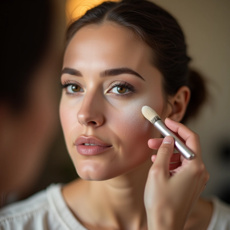 Aplicação de pó translúcido no rosto de uma mulher.