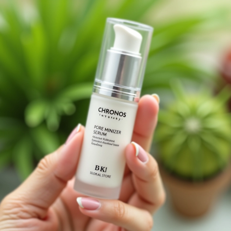 Aplicação de sérum minimizador de poros Chronos Natura em ambiente natural.