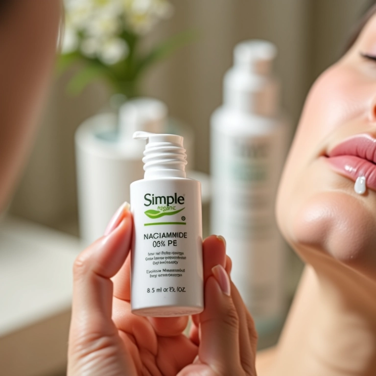 Aplicação de sérum Niacinamide 10% + Zinco 1% Simple Organic no rosto.