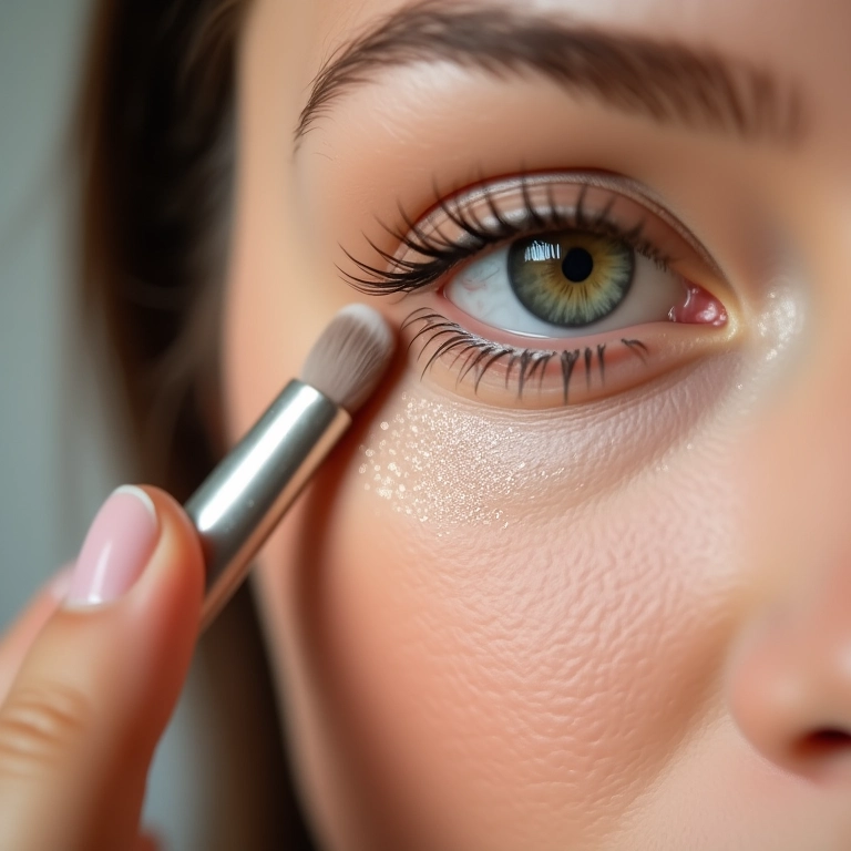 Aplicação de sombra clara e cintilante no canto interno do olho.