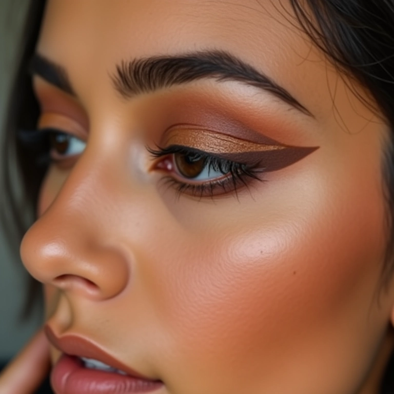 Aplicação de sombra marrom na linha inferior dos cílios para suavizar e realçar o olhar.