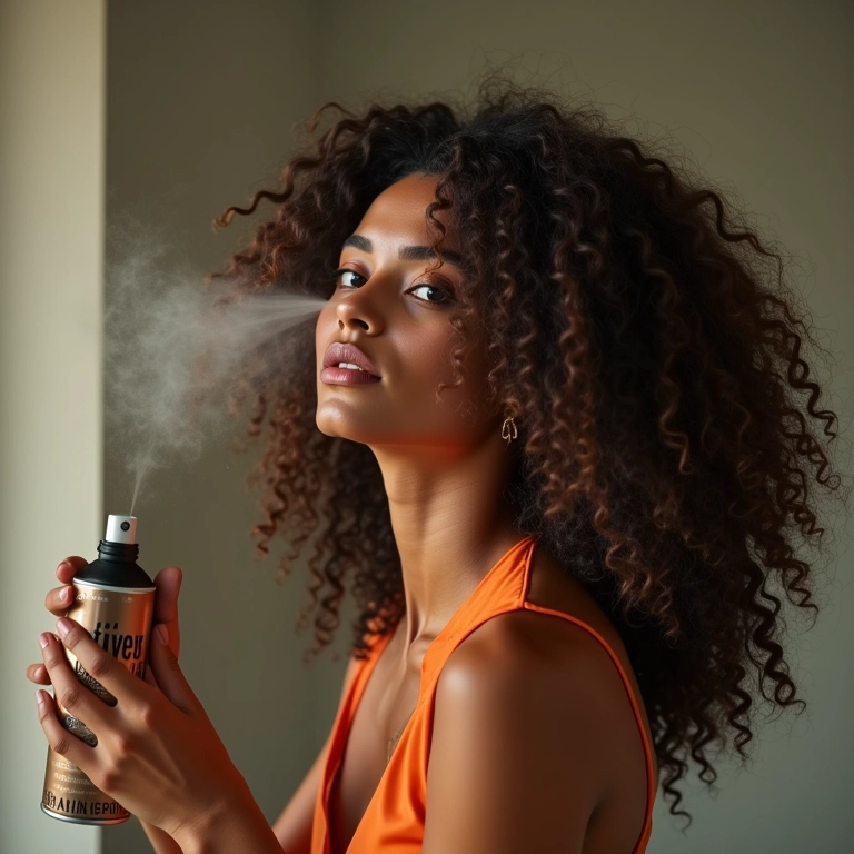 Aplicação de spray texturizador em cabelos cacheados para volume e movimento.