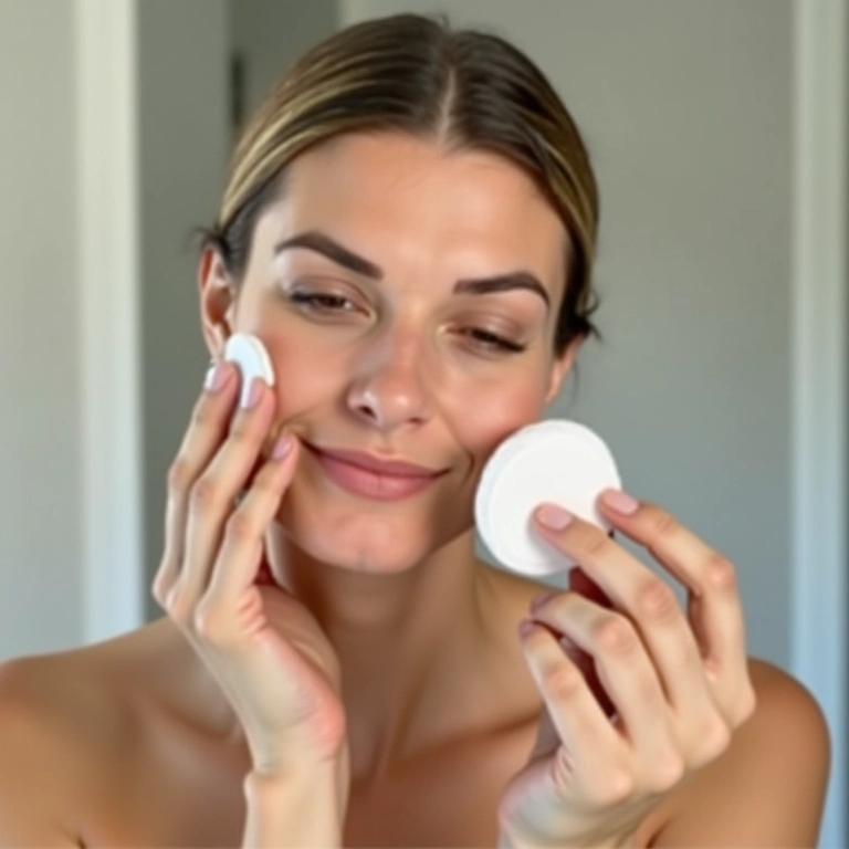 Aplicação de tônico facial acessível com algodão.