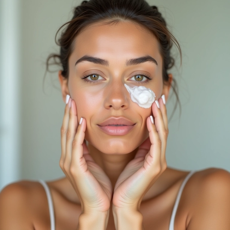 Aplicação suave de cleanser no rosto de uma mulher.